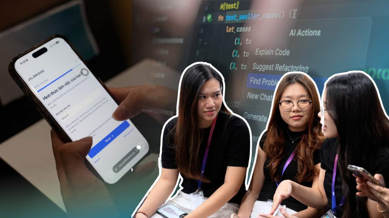 Du học sinh Việt tại Úc thử sức ứng dụng AI vào những bài toán thực tiễn do doanh nghiệp và tổ chức cộng đồng đưa ra tại UAVS Hackathon 2026: Nguồn Mã. Nguồn: SBS Tiếng Việt / Graphic by Phương Linh