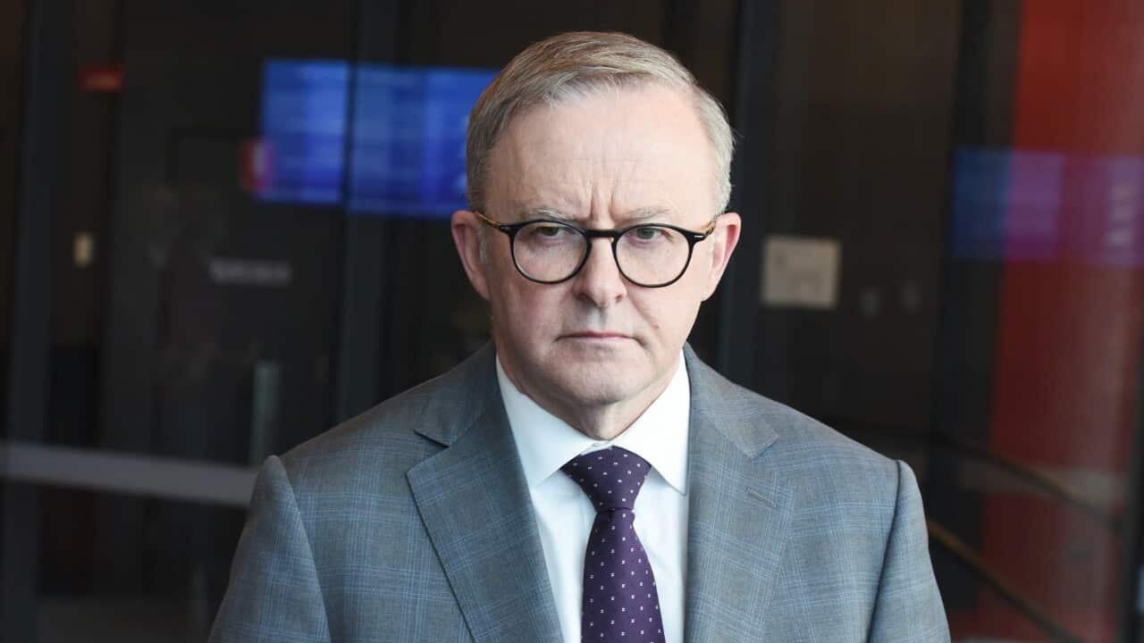 Anthony Albanese alongside a person speak in front of a mic.