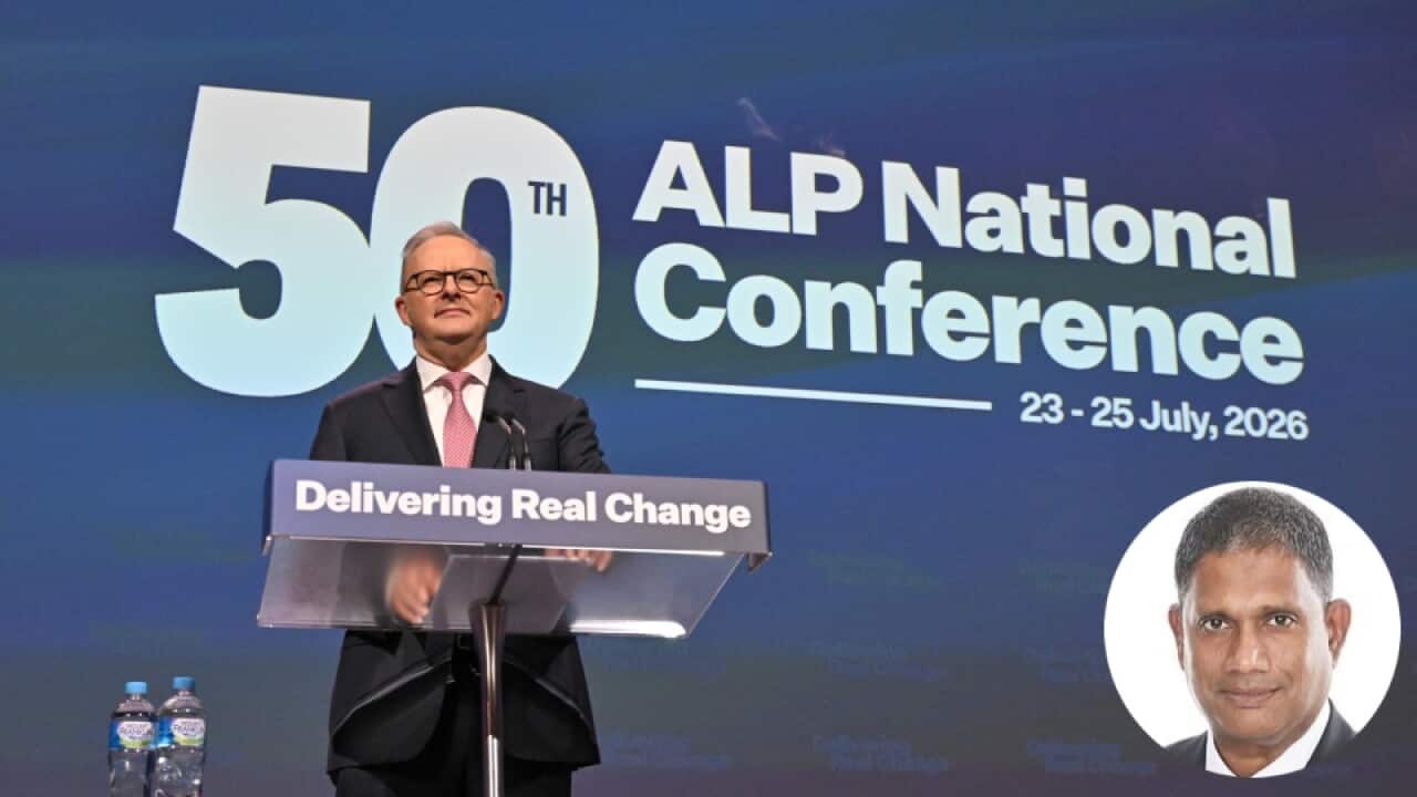 Prime Minister Anthony Albanese makes his closing remarks for the 50th Australian Labor Party (ALP) national convention at the Adelaide Convention Centre, in Adelaide, Saturday, July 25, 2026. (AAP Image/Mick Tsikas) & Councillor Immanuel Selvaraj