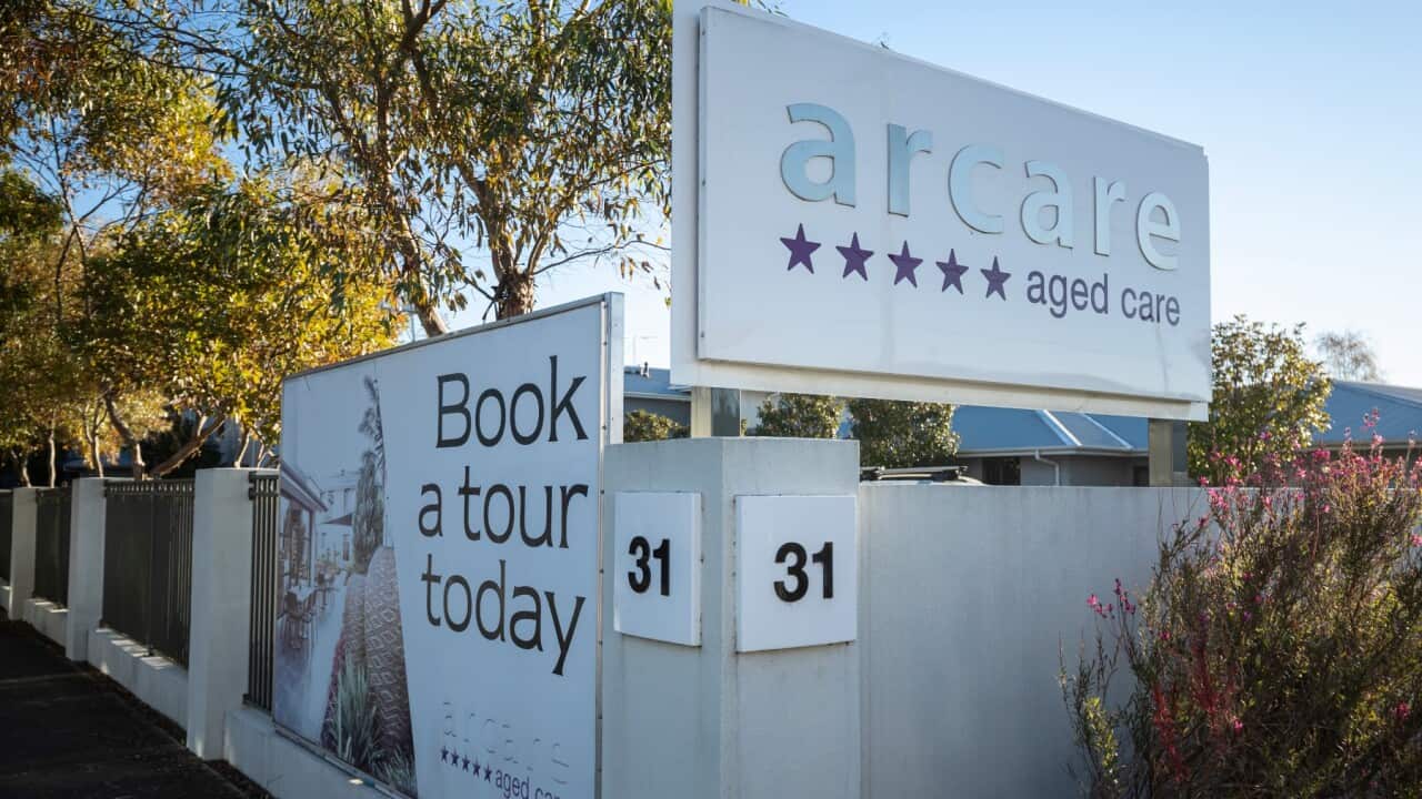 Signage for Arcare Aged Care facility in Maidstone is seen, in Melbourne, Monday, May 31, 2021.