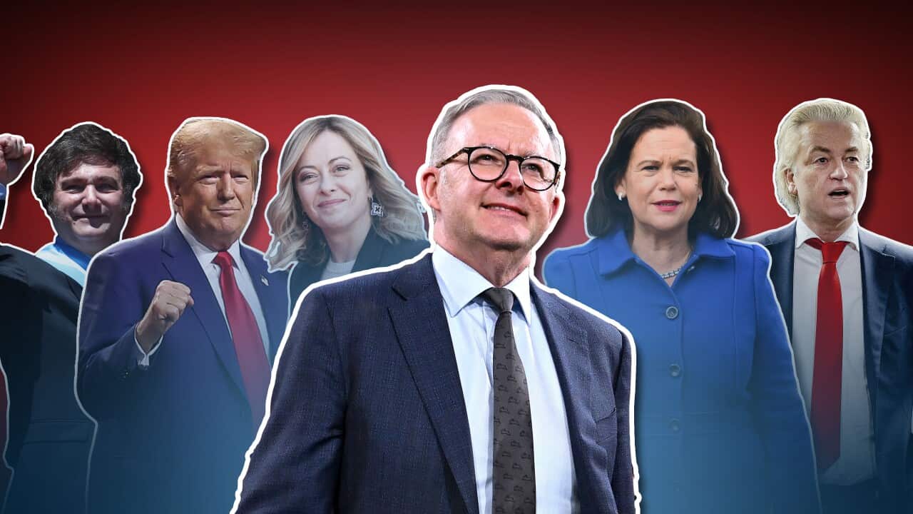 A graphic of Anthony Albanese and a host of populist leaders, including Donald Trump.