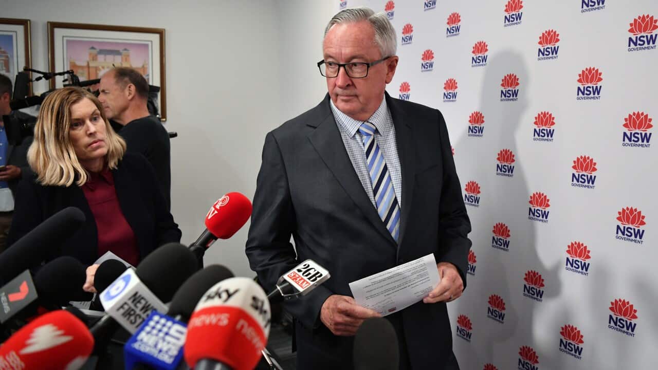 Health Minister Brad Hazzard (right) and NSW Chief Health Officer Dr Kerry Chant arrive to speak to the media in Sydney, Wednesday, March 4, 2020. (AAP Image/Joel Carrett) NO ARCHIVING