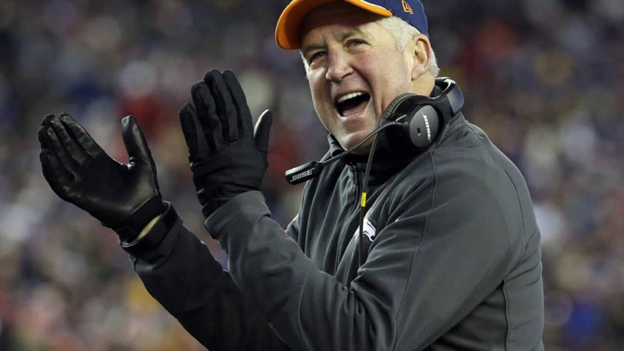 Denver Broncos head coach John Fox cheers