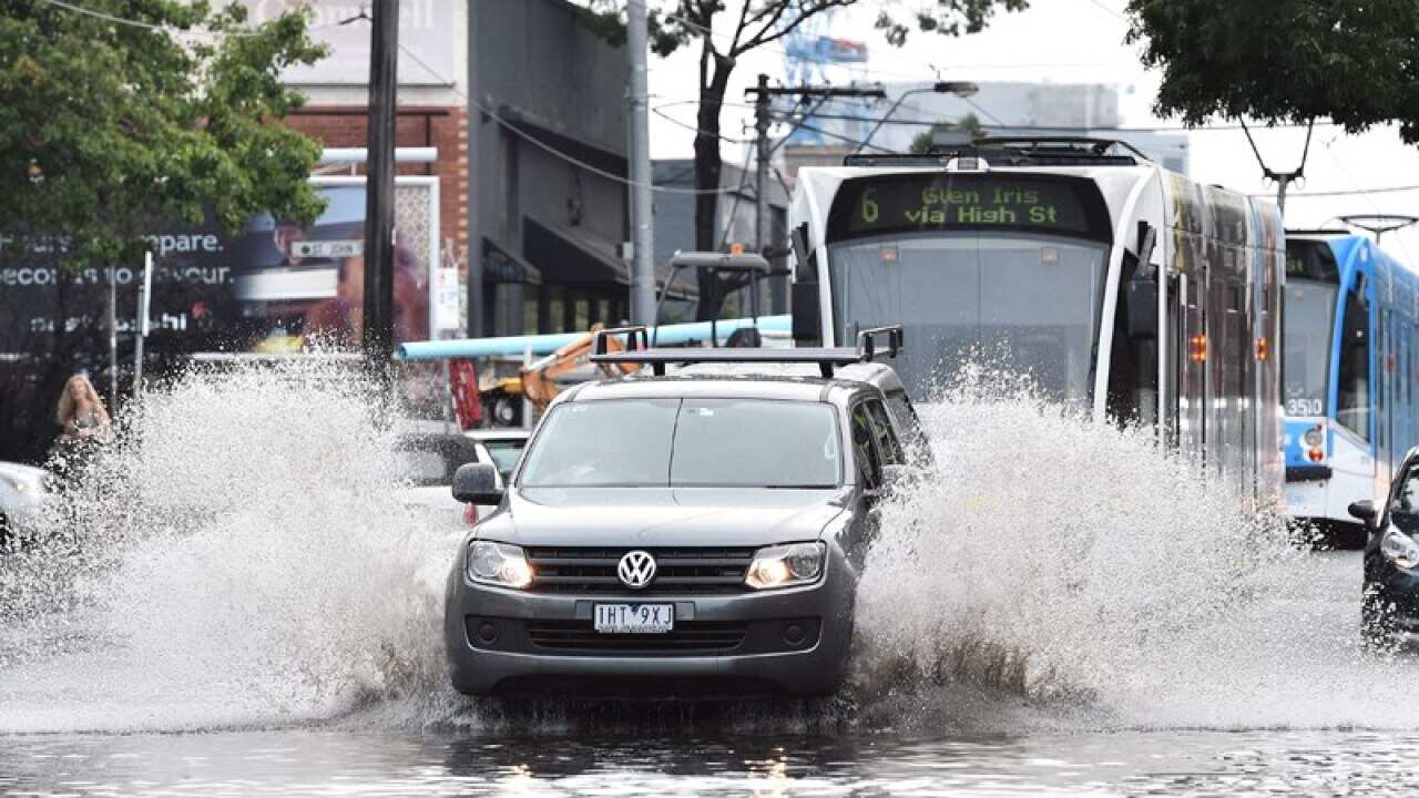 Cars and trams drive through floodwaters in Melbourne