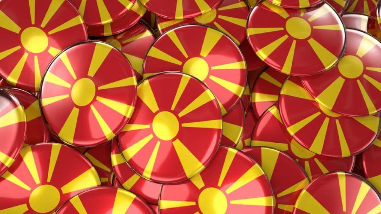 Macedonia Badges Background - Pile of Macedonian Flag Buttons.