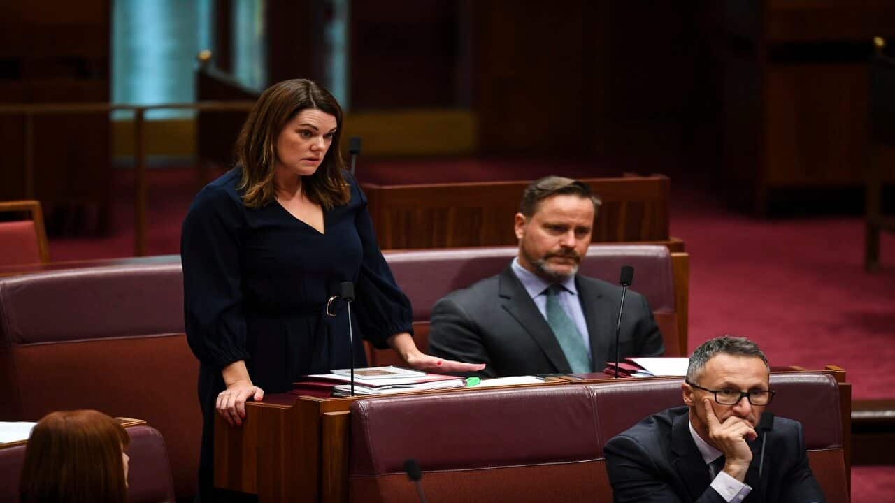 Australian Greens Senator Sarah Hanson-Young speaks during debate in the Senate chamber.