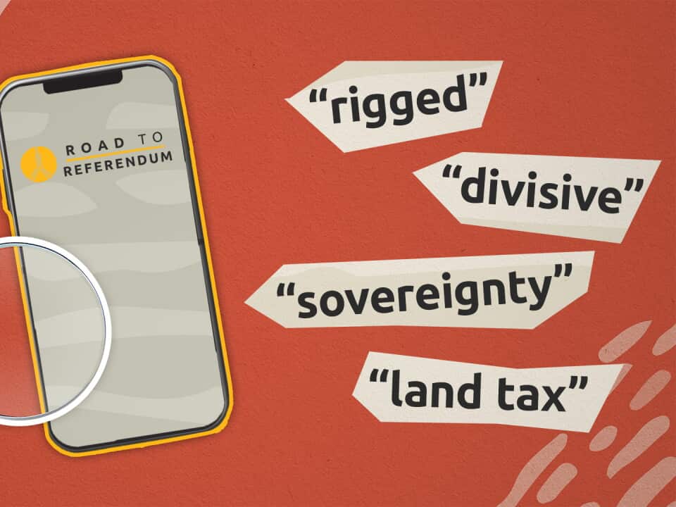 Graphic showing a mobile phone and magnifying glass with the words 'rigged', 'divisive', 'sovereignty' and 'land tax' own orange background