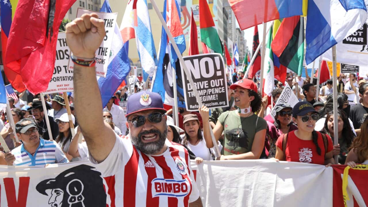Protesters during a May Day rally in Los Angeles