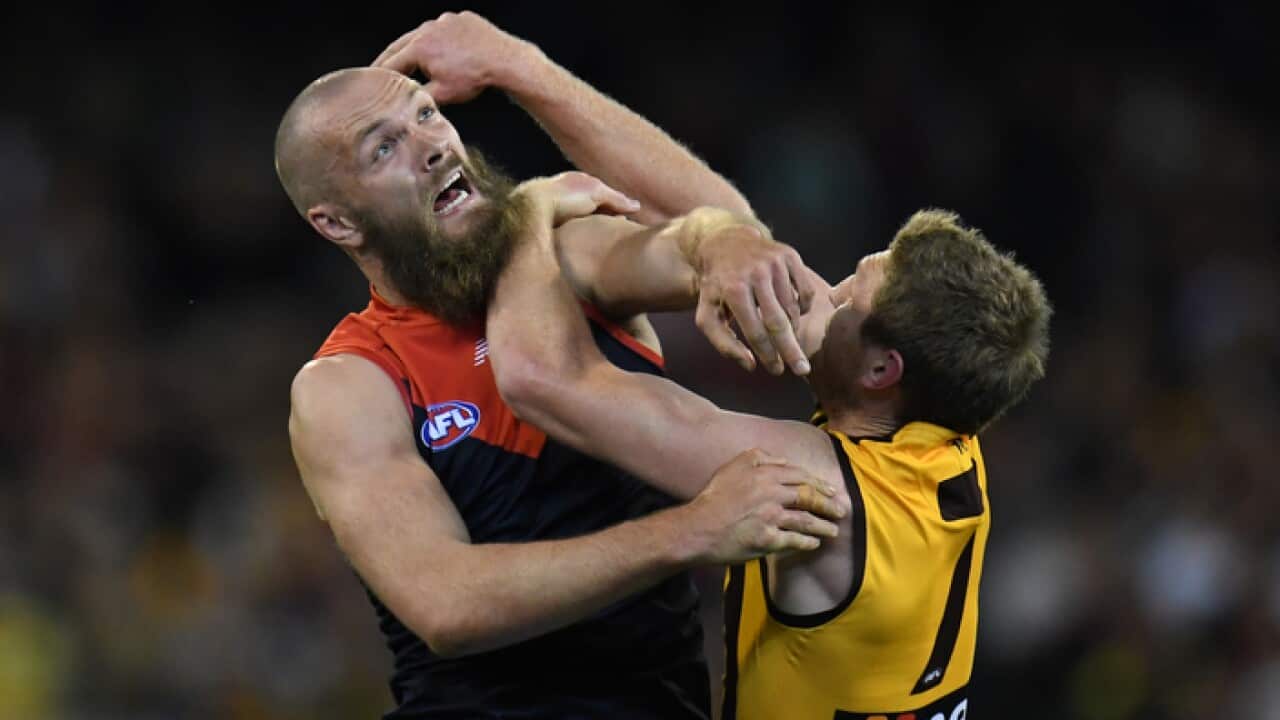 Melbourne's Max Gawn contests with Hawthorn's Ben McEvoy during their AFL semi-final