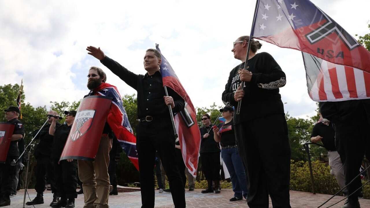 A man gives a Nazi salute during the National Socialist Movement rally.