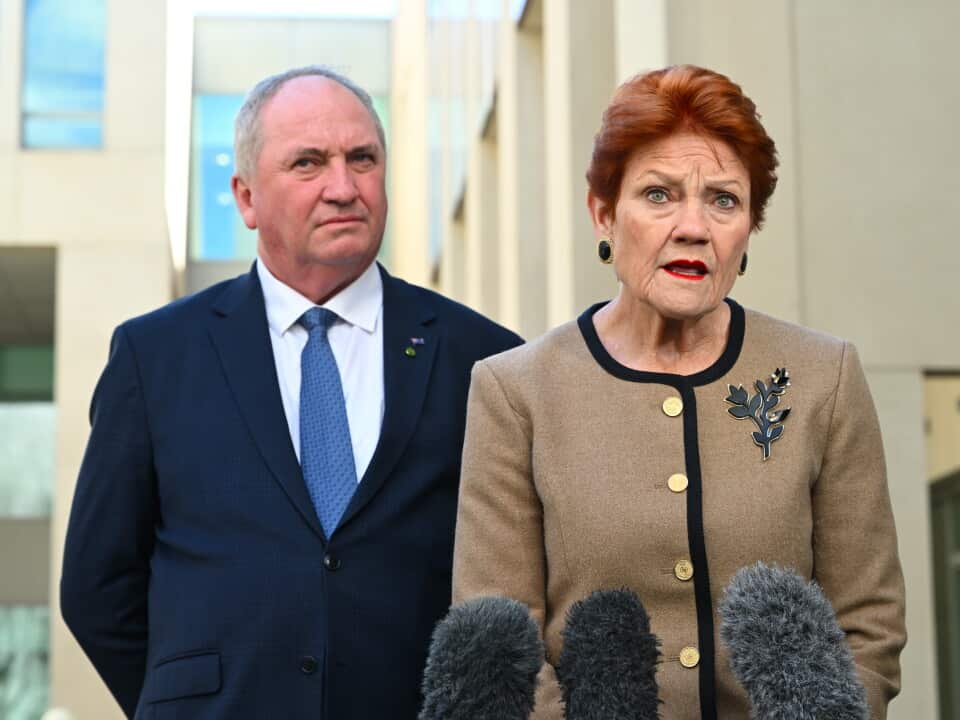 One Nation leader Pauline Hanson and One Nation member for New England Barnaby Joyce address the media – AAP.