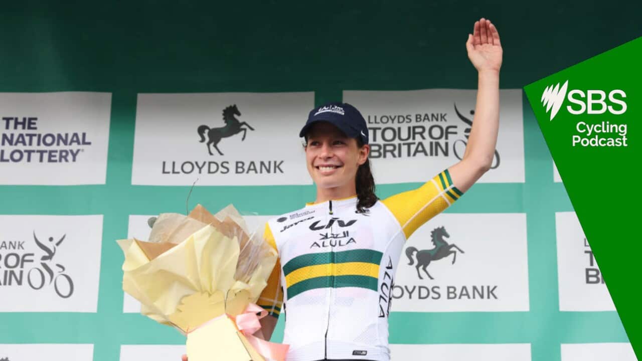 MANCHESTER, ENGLAND - JUNE 09: Ruby Roseman-Gannon of Australia and Team Liv AlUla Jayco celebrates at podium as stage winner during the 9th Tour of Britain Women 2024, Stage 4 a 99.2km stage from Manchester to Manchester / #UCIWWT / on June 09, 2024 in Manchester, England. (Photo by Matt McNulty/Getty Images)