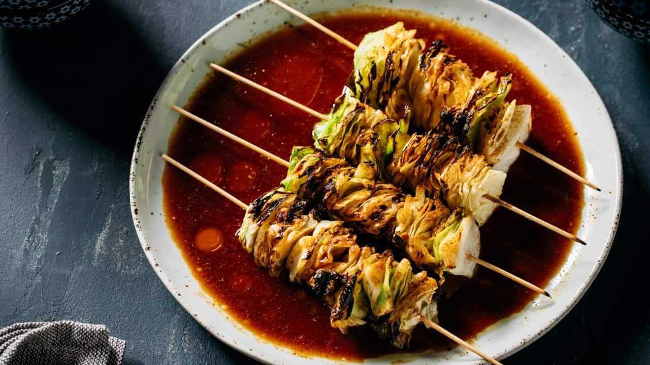 Charred cabbage skewers