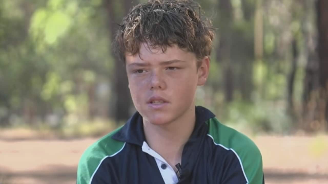 A boy with short brown hair, wearing a green and blue polo shirt. He is outside.