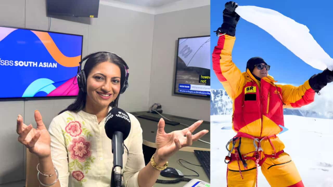 Two images put side by side one of Sukhi Bal in SBS Punjabi syudios and another of her flaring a white flag atop Mount Ama Dablam in Nepal.
