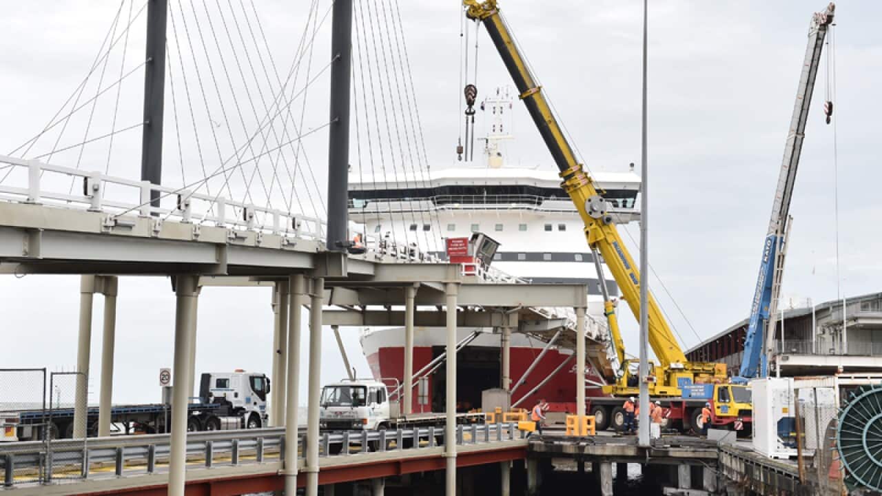 Repairs are performed on the Spirit of Tasmania at Station Pier