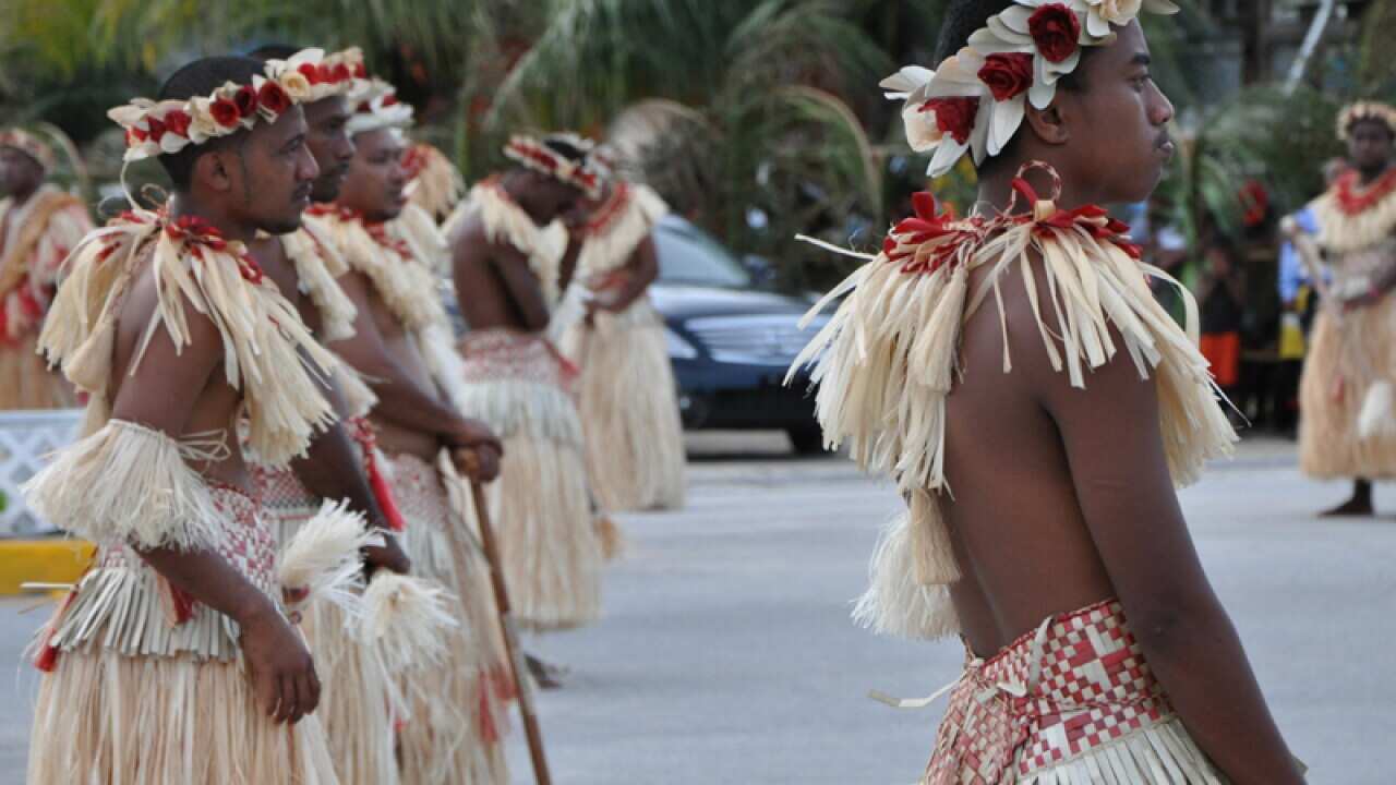 Jobwa dancers await leaders of the Pacific Islands Forum