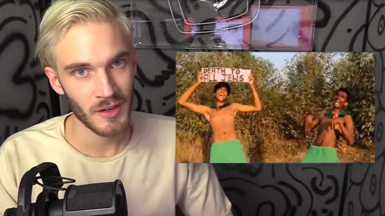 An image of PewDiePie's original video superimposed on a screengrab from his response.