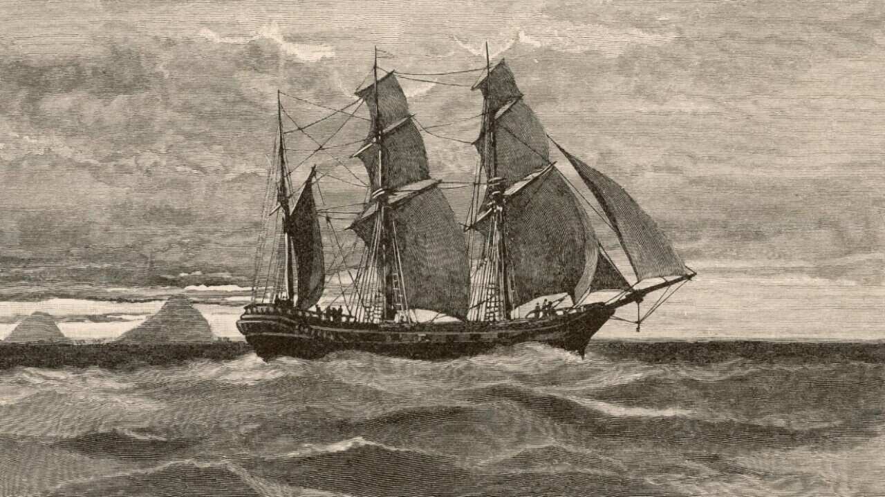 An artwork documenting the HMS Endevour at the Glass-House mountains off the coast of eastern Australia. Date: 1770