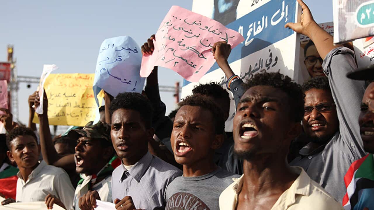 Sudanese protesters during a protest outside the army headquarters in Khartoum, Sudan.