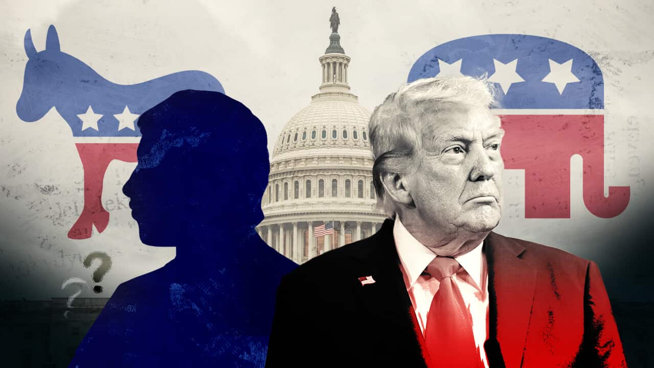 A stylised graphic showing Donald Trump on one side with the Republican Party logo, a blue silhouette on the other with a Democratic Party logo, and the US Capitol in the backdrop.