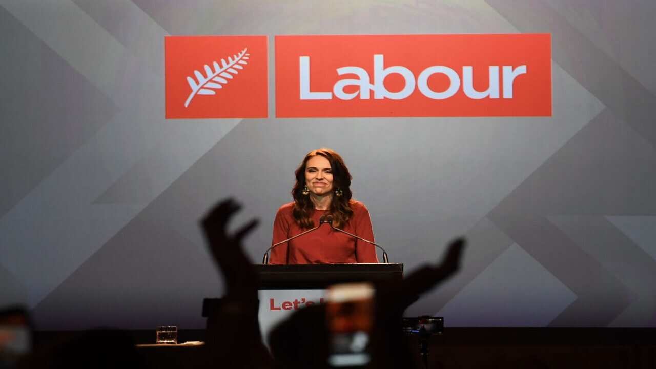 Labour Party leader and New Zealand Prime Minister Jacinda Ardern claims victory during the Labor Party Election Night Function in Auckland on 17 October.