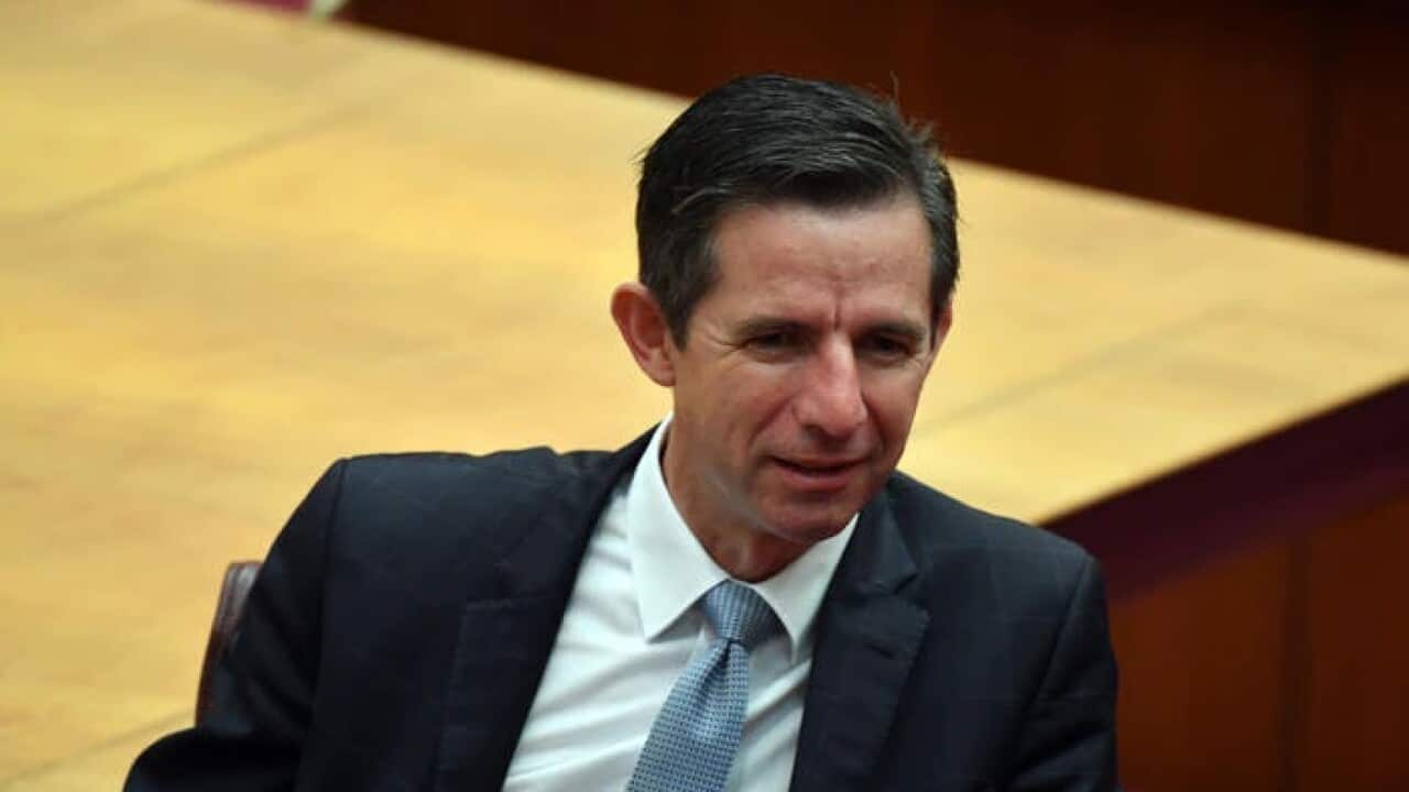 سایمن برمینگهم، وزیر اقتصاد، در حال بحث در صحن مجلس سنا