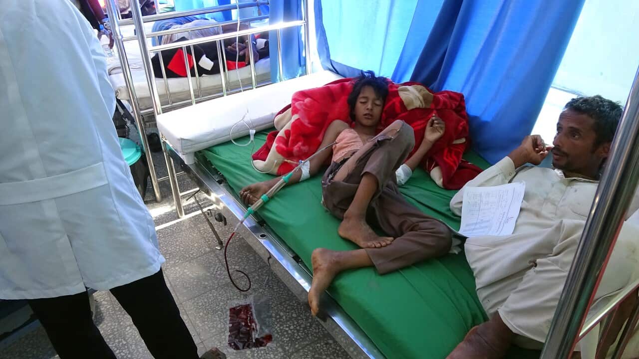 A Yemeni boy, injured in an air raid on a wedding party in Yemen, receives treatment at a hospital in Yemen's Hajjah province on April 23, 2018.