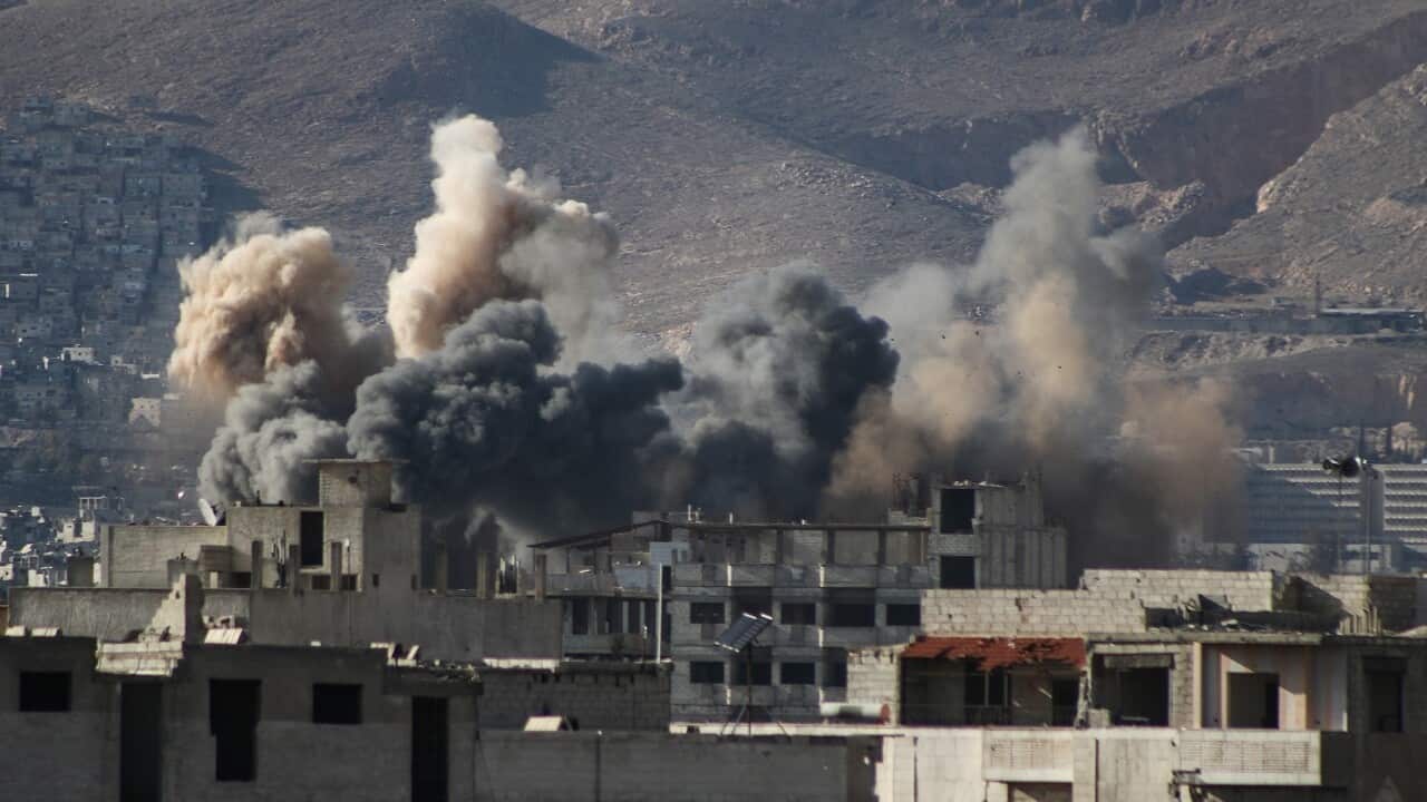 Smoke rises after Assad regime carried out an airstrike to Sifoniye town of Eastern Ghouta, Damascus, Syria on February 27, 2018.
