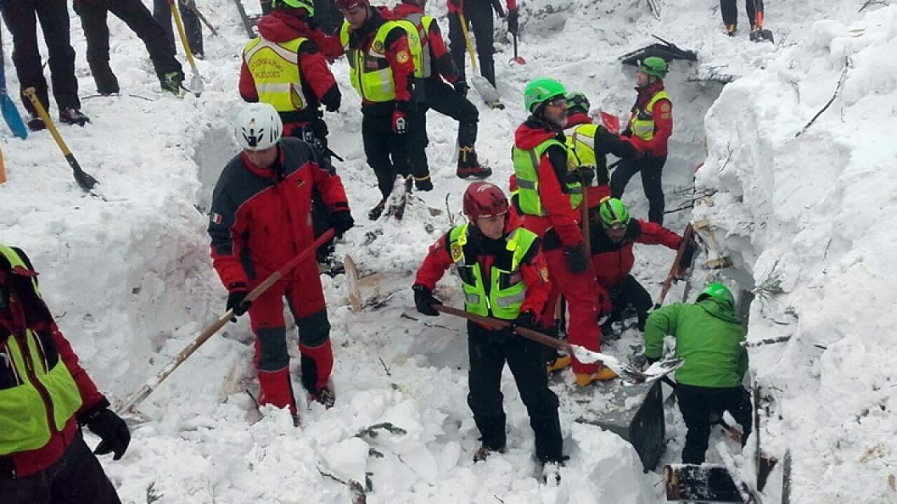 Rescue workers in the area of the Rigopiano Hotel in central Italy