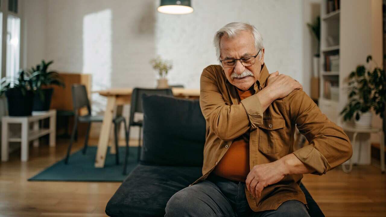 One senior man has shoulder pain