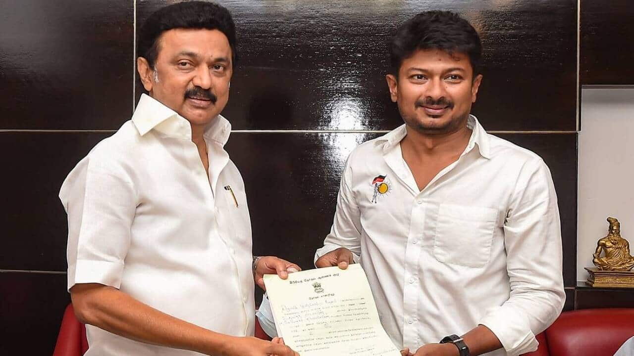 Udayanidhi Stalin (right) and his father and Chief Minister of Tamil Nadu, M. K. Stalin