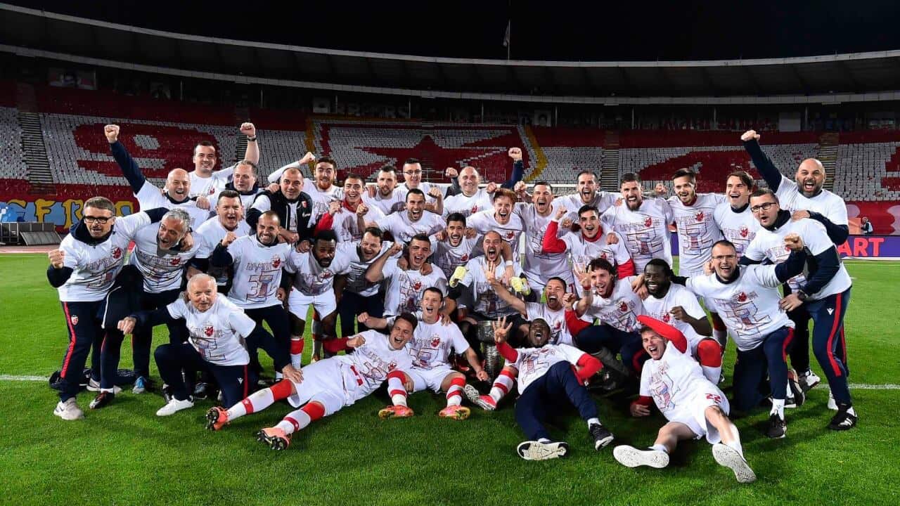 FC Red Star players and coaches celebrate club's 32nd national champions title, Belgrade, Serbia, 29 April 2021