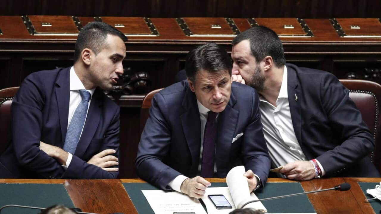 Italian Premier Giuseppe Conte with his two deputy premiers Matteo Salvini and Luigi Di Maio