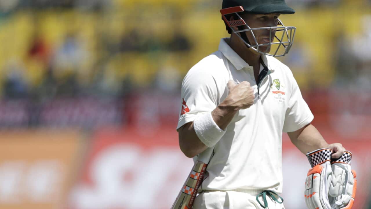 Australia's David Warner leaves the ground after being dismissed