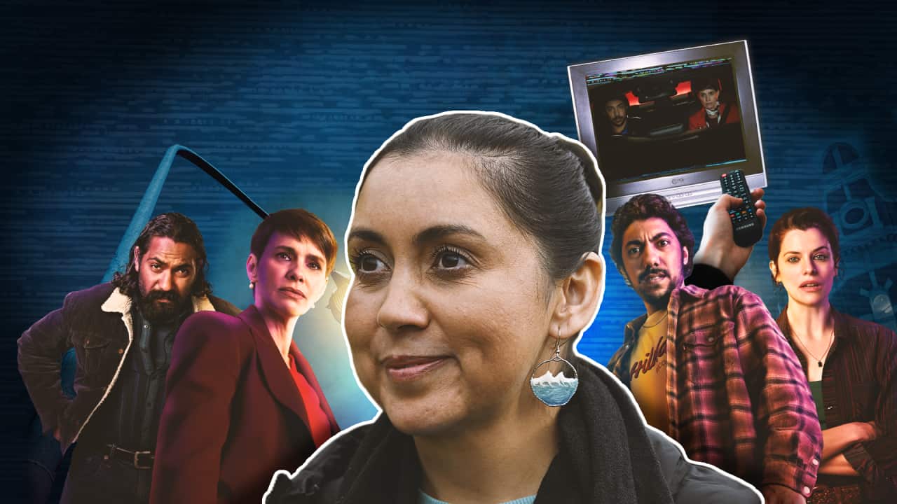 A close up of a woman's face. Behind her are still shots of people from a TV show.