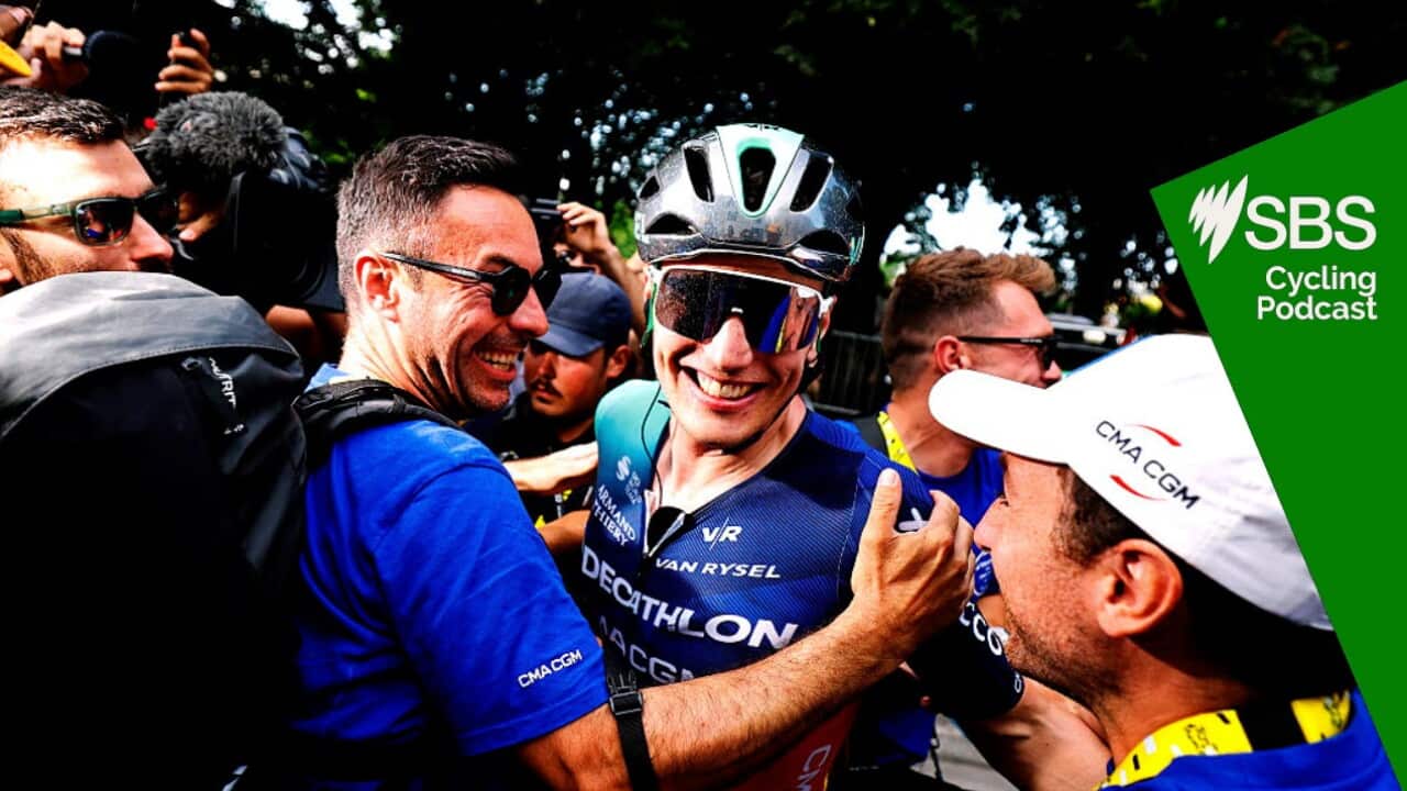 PAU, FRANCE - JULY 08: Stage winner Olav Kooij of Netherlands and Decathlon CMA CGM Team reacts after the 113th Tour de France 2026, Stage 5 a 158.3km stage from Lannemezan to Pau / #UCIWT / on July 08, 2026 in Pau, France. (Photo by Guillaume Horcajuelo - Pool/Getty Images)
