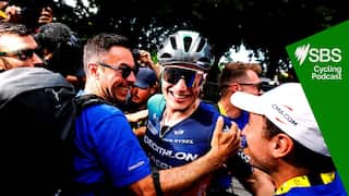 PAU, FRANCE - JULY 08: Stage winner Olav Kooij of Netherlands and Decathlon CMA CGM Team reacts after the 113th Tour de France 2026, Stage 5 a 158.3km stage from Lannemezan to Pau / #UCIWT / on July 08, 2026 in Pau, France. (Photo by Guillaume Horcajuelo - Pool/Getty Images)