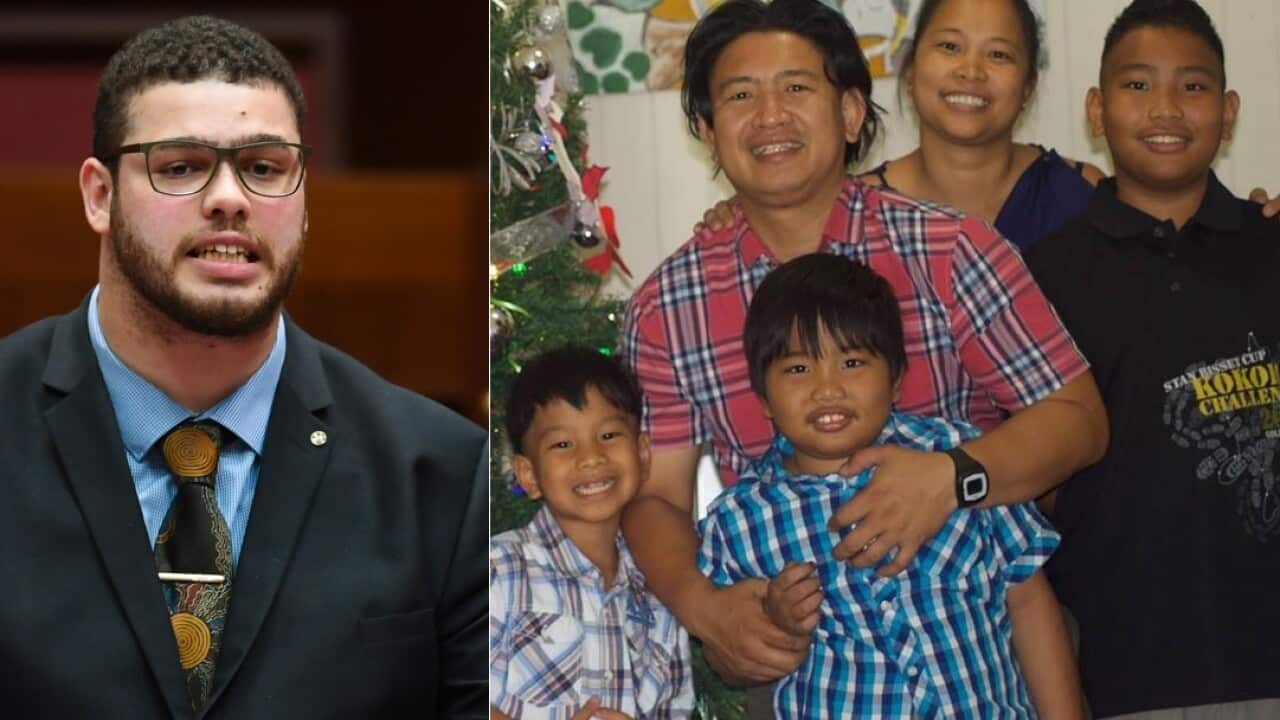 Australian Greens Senator Jordon Steele-John and the Custodio family (R)
