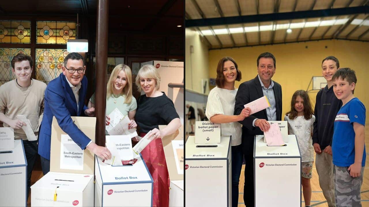 A composite image shows on the left-hand side Premier Daniel Andrews with his family casting his vote. On the right-hand side, Opposition Leader Matthew Guy casts his ballot alongside his family.
