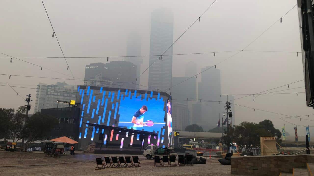 View of Melbourne from Federation Square, showing the smoke cloud.
