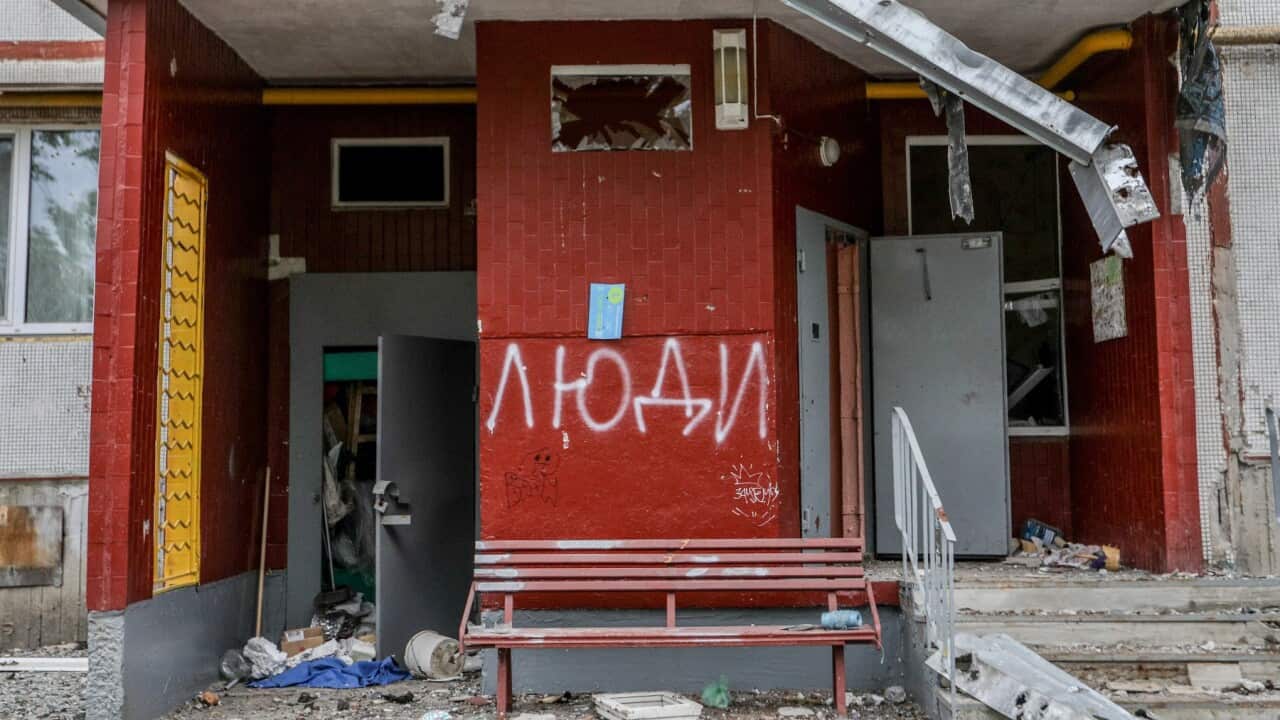 A destroyed residential building caused by Russian shelling seen in the Saltivka district of Kharkiv