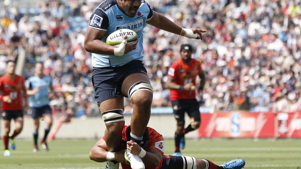 Will Skelton (top) of the Waratahs against Japan's Masataka Mikami