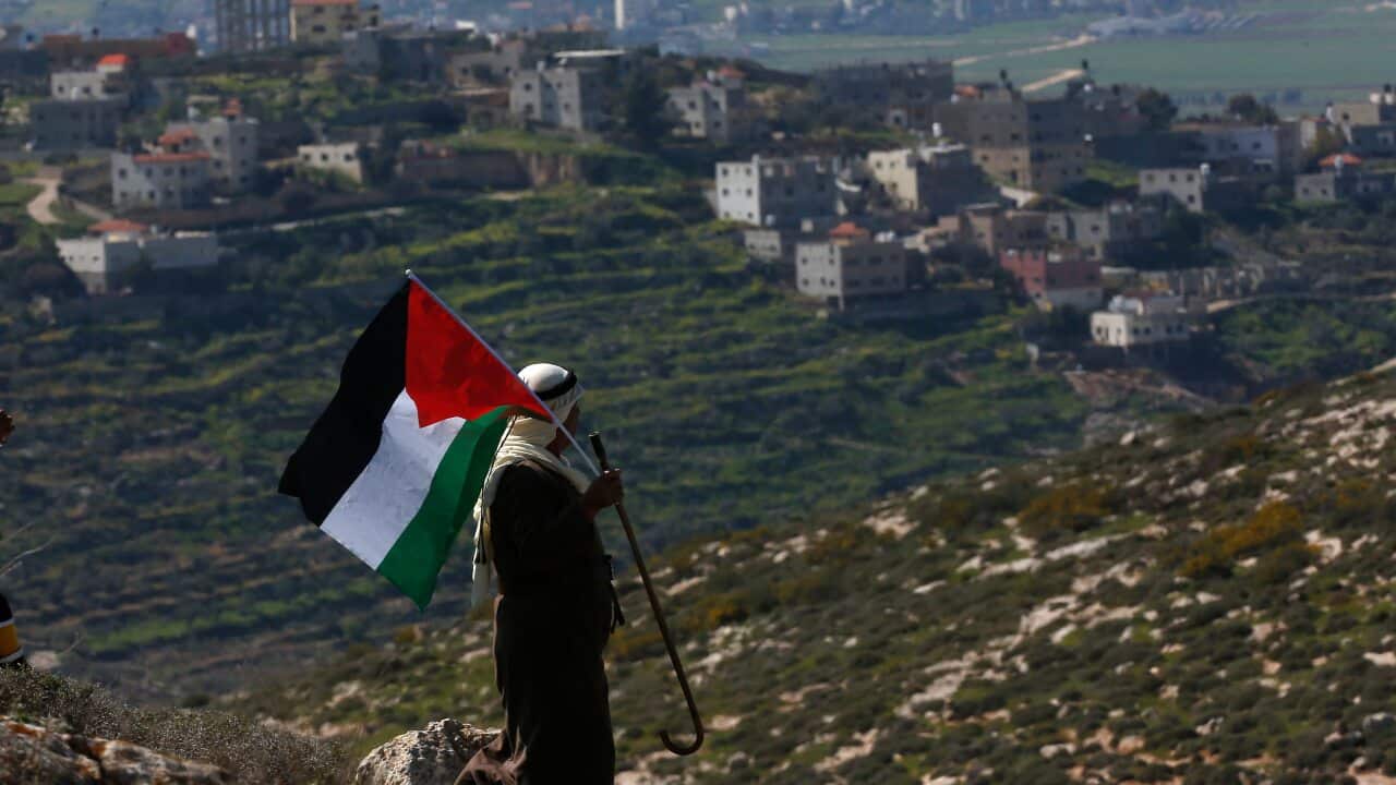 A Palestinian man waves Palestine flag durinA Palestinian man waves Palestine flag during a demonstration against Israel's settlements in the village of Bet Dajan near the northern West Bank city of Nablus, 26 February 2021. EPA/ALAA BADARNEH