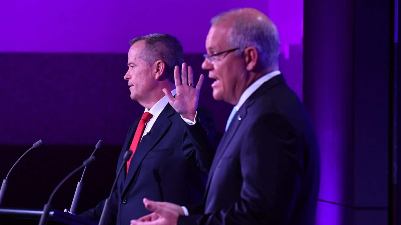 Leader of the Opposition Bill Shorten and Prime Minister Scott Morrison during the third Leaders Debate at the National Press Club in Canberra, Wednesday, May 8, 2019. (AAP Image/Mick Tsikas) NO ARCHIVING