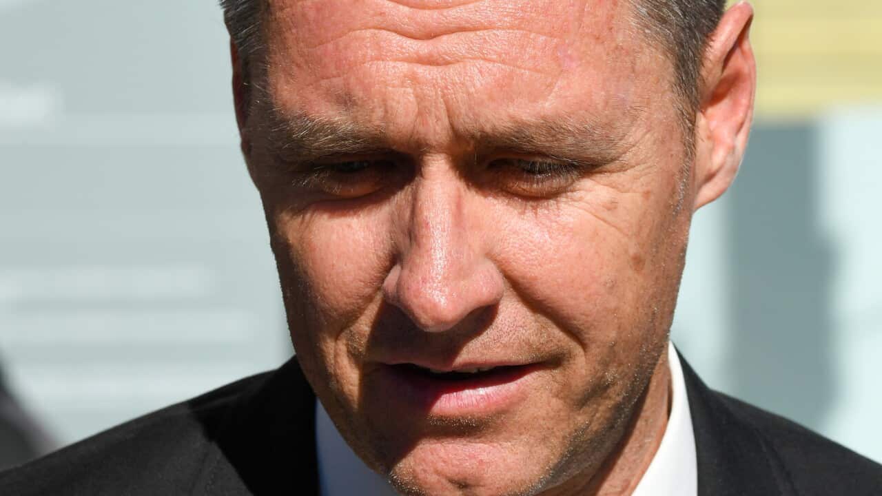 Defqon festival organiser Simon Coffey speaks to the media at the Lidcombe Coroners Court in Sydney.