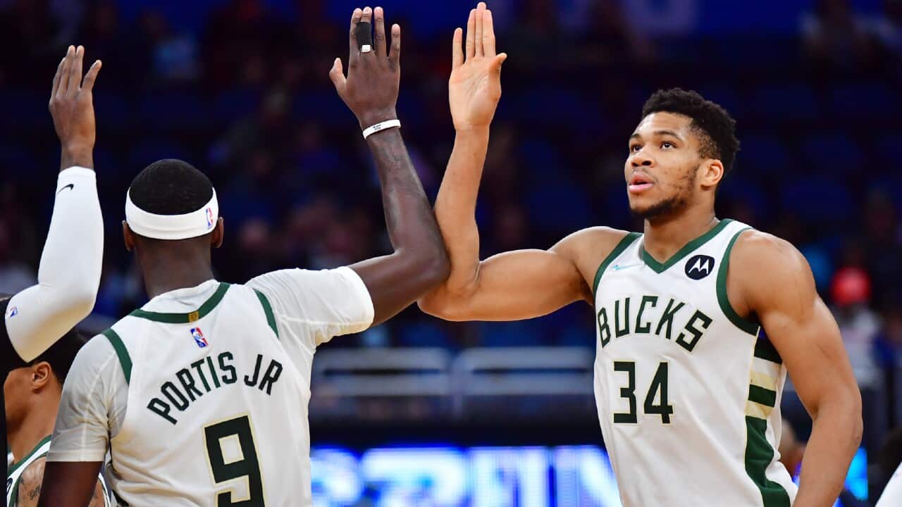 Bobby Portis and Giannis Antetokounmpo of the Milwaukee Bucks