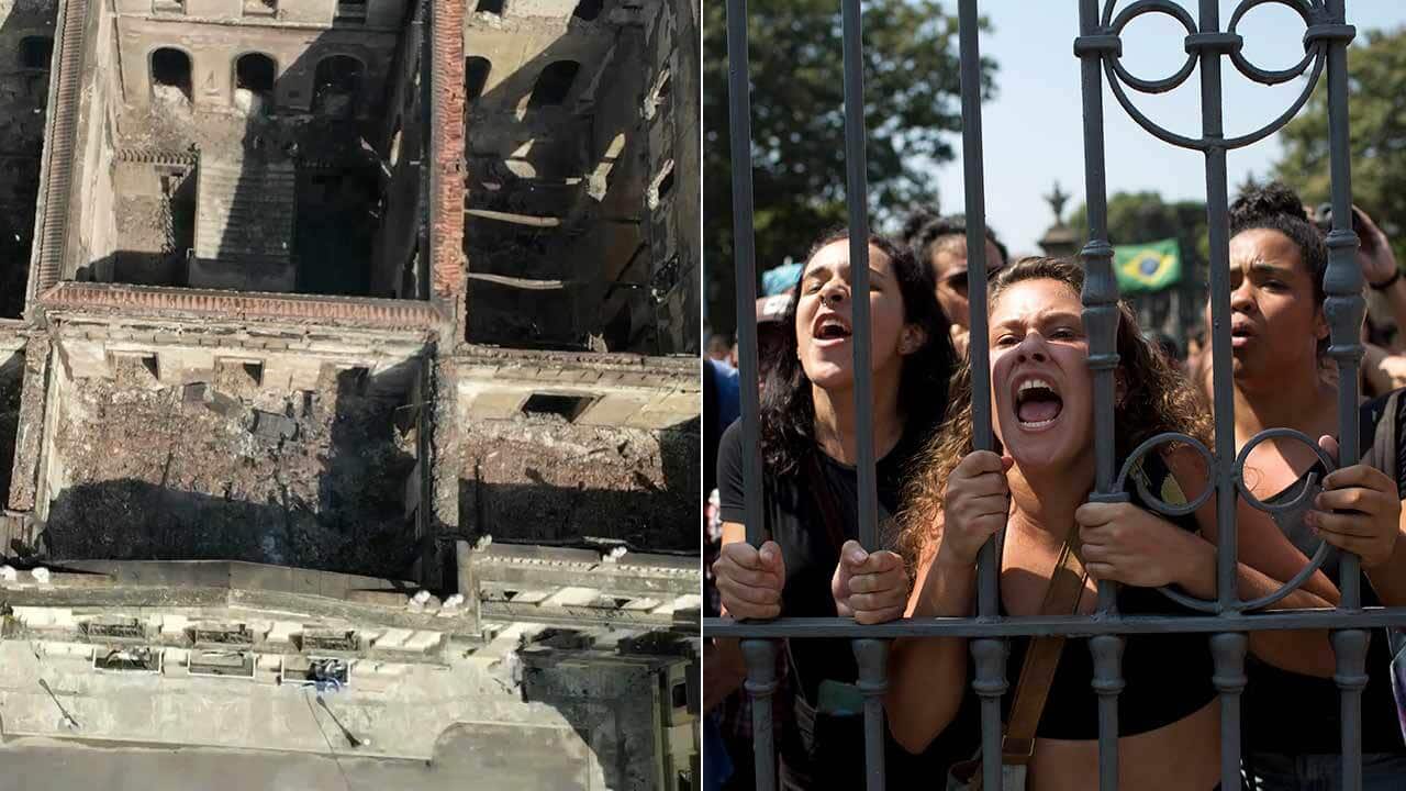 An angry crowd has protested outside the gates of the gutted National Museum in Brazil.