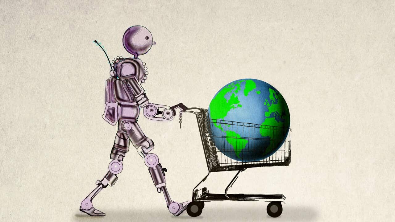 Robot pushing supermarket cart containing planet Earth