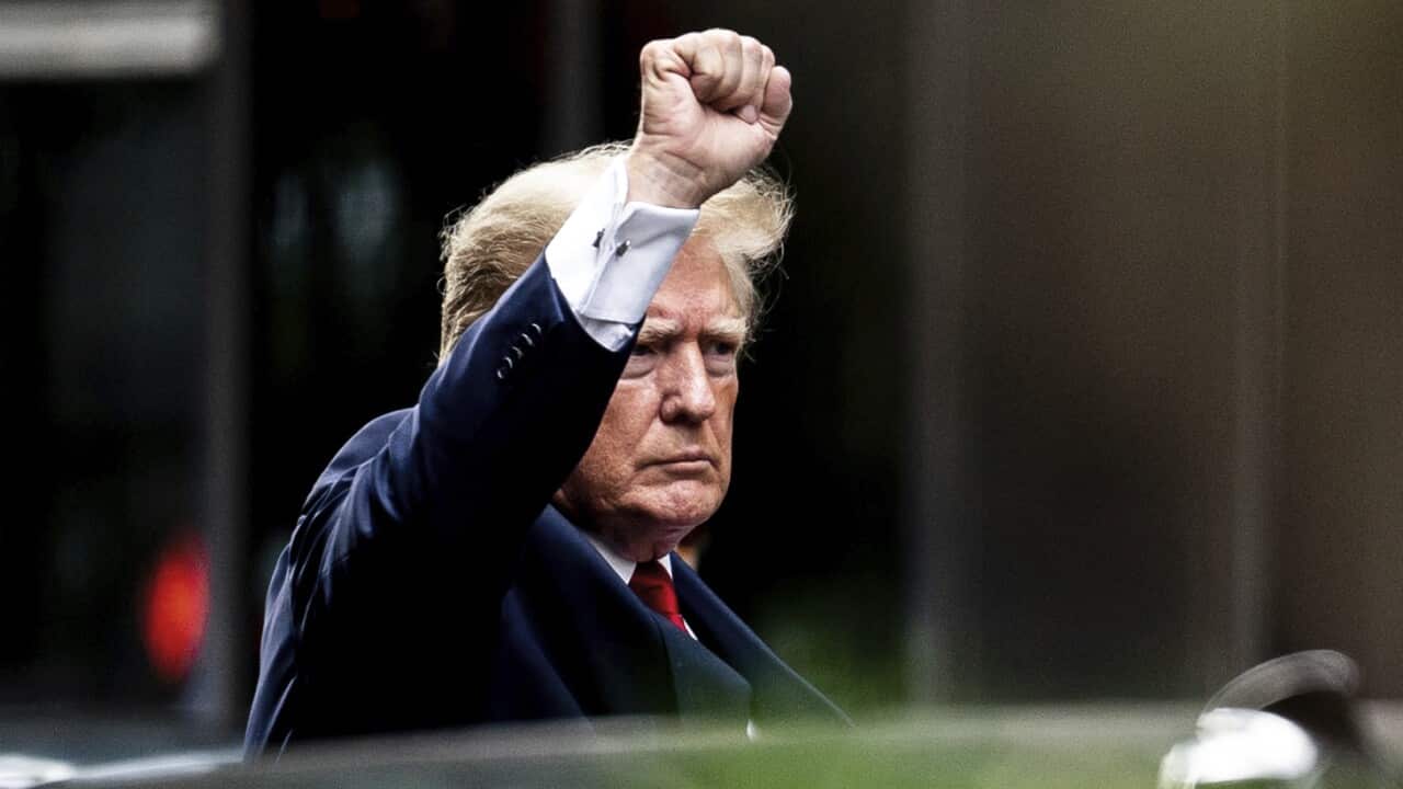 Donald Trump raising his first in the air